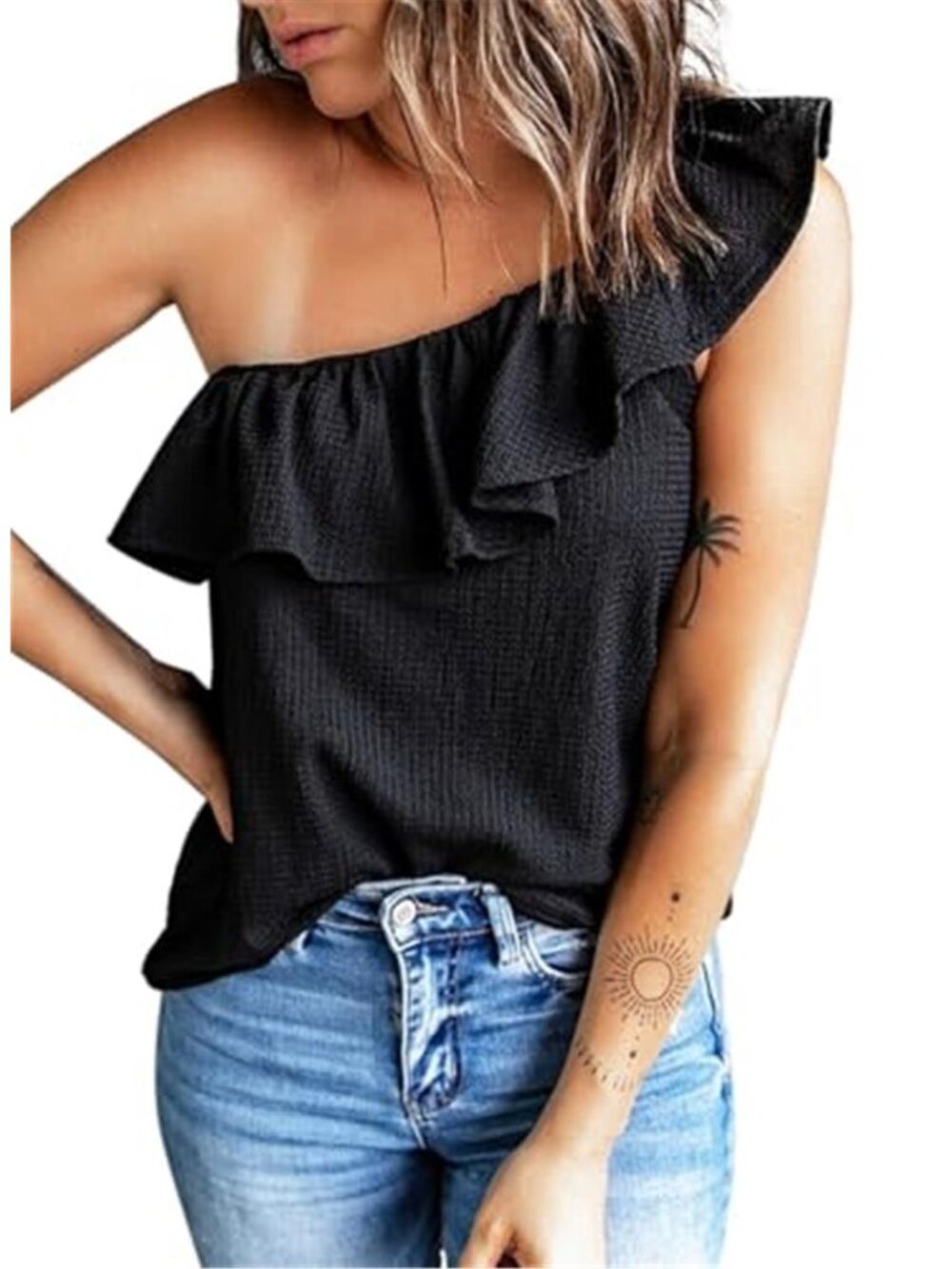 Womens One Shoulder Top Ruffle Blouse Off Shoulder Summer Dressy Shirt Stretch
